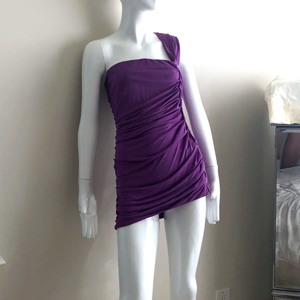 Yigal Azrouel one shoulder purple ruched mini dress